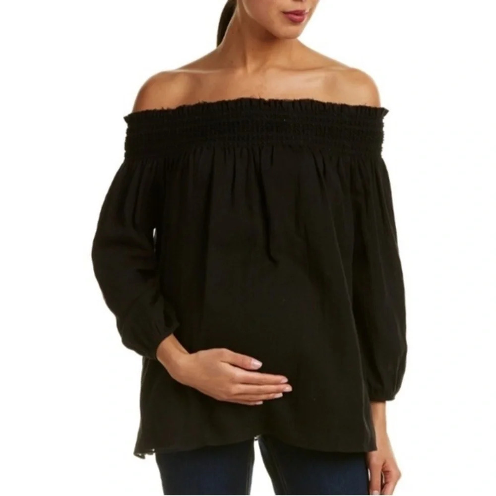 Hatch Marina Off Shoulder Smocked Detail Raw Edge Top Sz 2 Medium Black